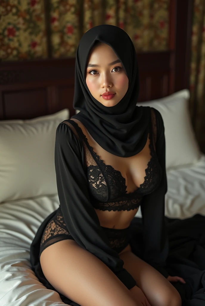 Indonesian girl in hijab with glasses, big breasts wearing lingerie, hot on the bed