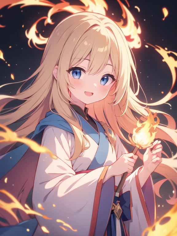 High resolution, masterpiece, alone, anime, Absurd, Detailed face, Perfect Eyes, (Flat Chest、cute、、Blue Eyes、Long wavy blonde hair、smile)、Wizard Robe、Flames around the girl、There is fire coming out of the stick he is holding