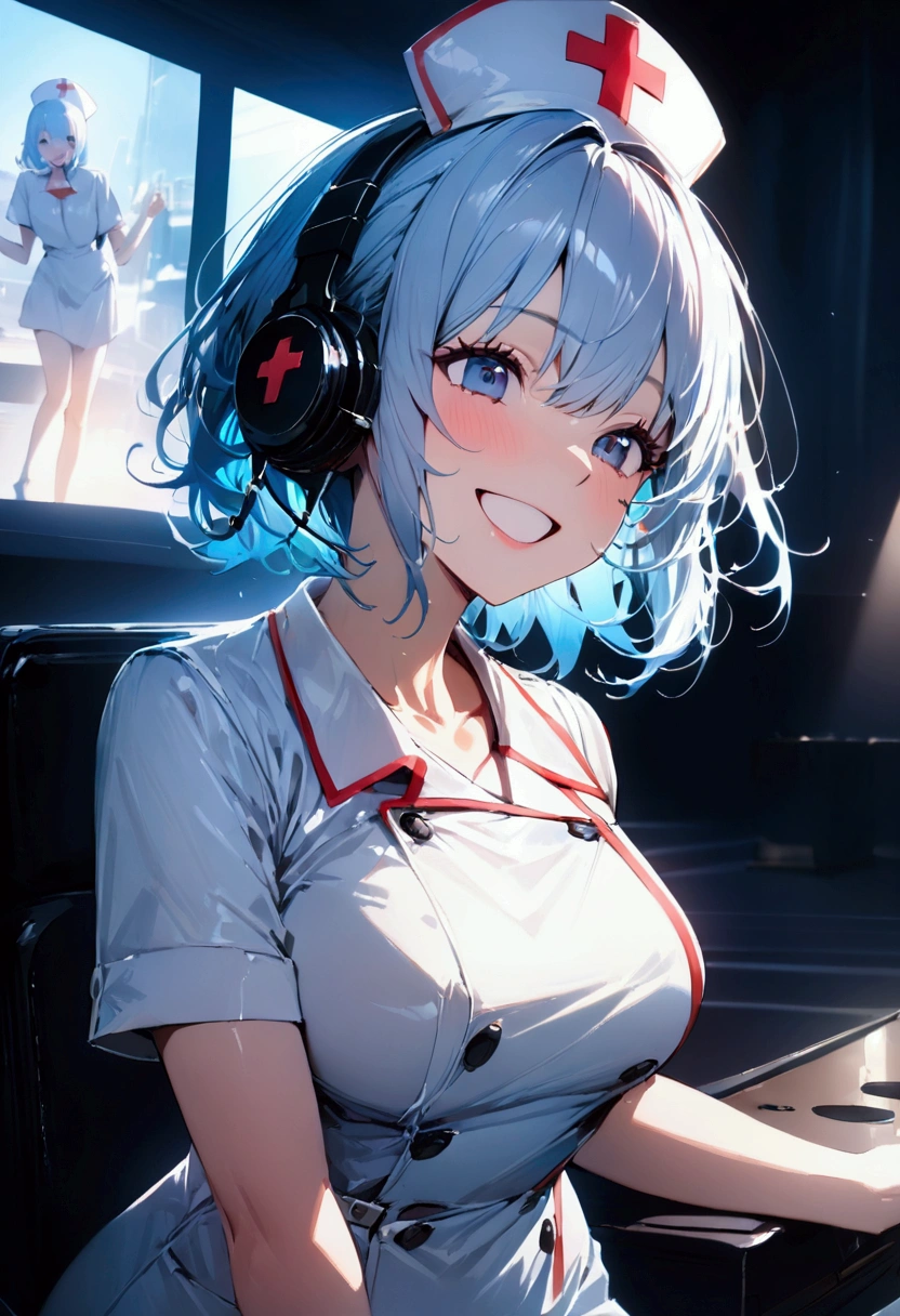 Light blue hair color,Shortcuts,woman,Nurse uniform,Nurse cap,Cinema Lighting, (masterpiece:1.2), 最high quality, high quality, High resolution, (Super detailed), Detailed Background, One person,headphone,smile,Light background,indoor,Have fun and laugh,