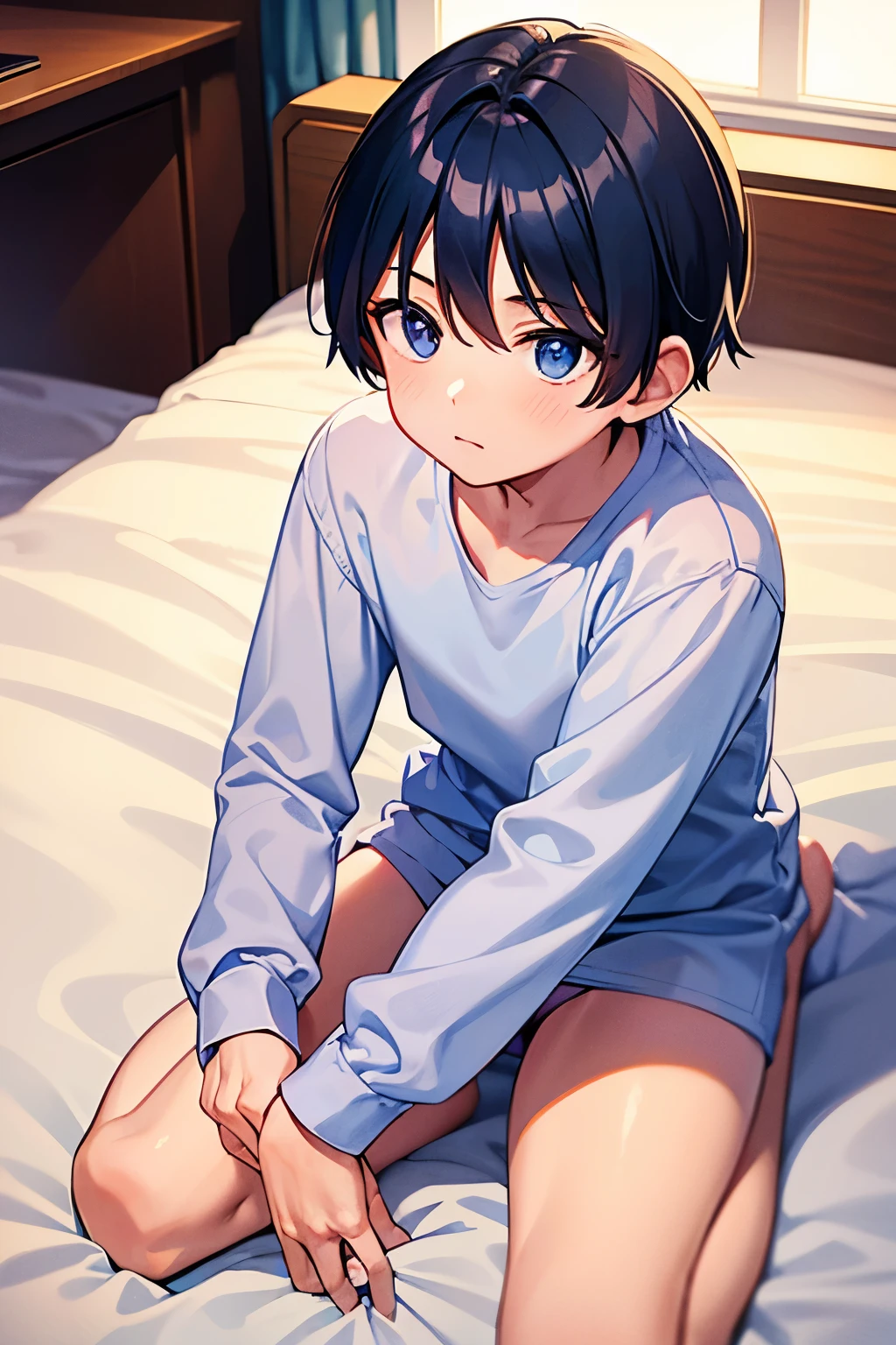 a boy in a bedroom, wearing a white long-sleeve shirt and blue underwear, sitting in the seiza position,