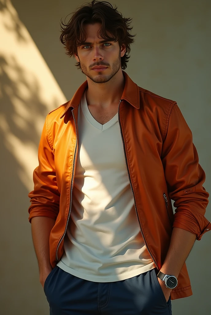 1 man, chill out, focus on the viewer, sun lighting, Best Quality, White T-shirt, Brown hair, messy hairstyle, orange leather jacket, Navy blue cargo pants, (square eyes), blue eyes, no mouth, square jaw, determined expression, athletic, (grey robotic body up to the neck, athletic build, rolled up sleeves, Waders), orange skin.