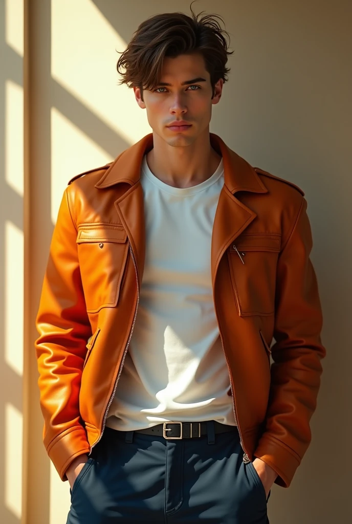 1 man, chill out, focus on the viewer, sun lighting, Best Quality, White T-shirt, Brown hair, messy hairstyle, orange leather jacket, Navy blue cargo pants, (square eyes), blue eyes, no mouth, square jaw, determined expression, athletic, (grey robotic body up to the neck, athletic build, rolled up sleeves, Waders), orange skin.