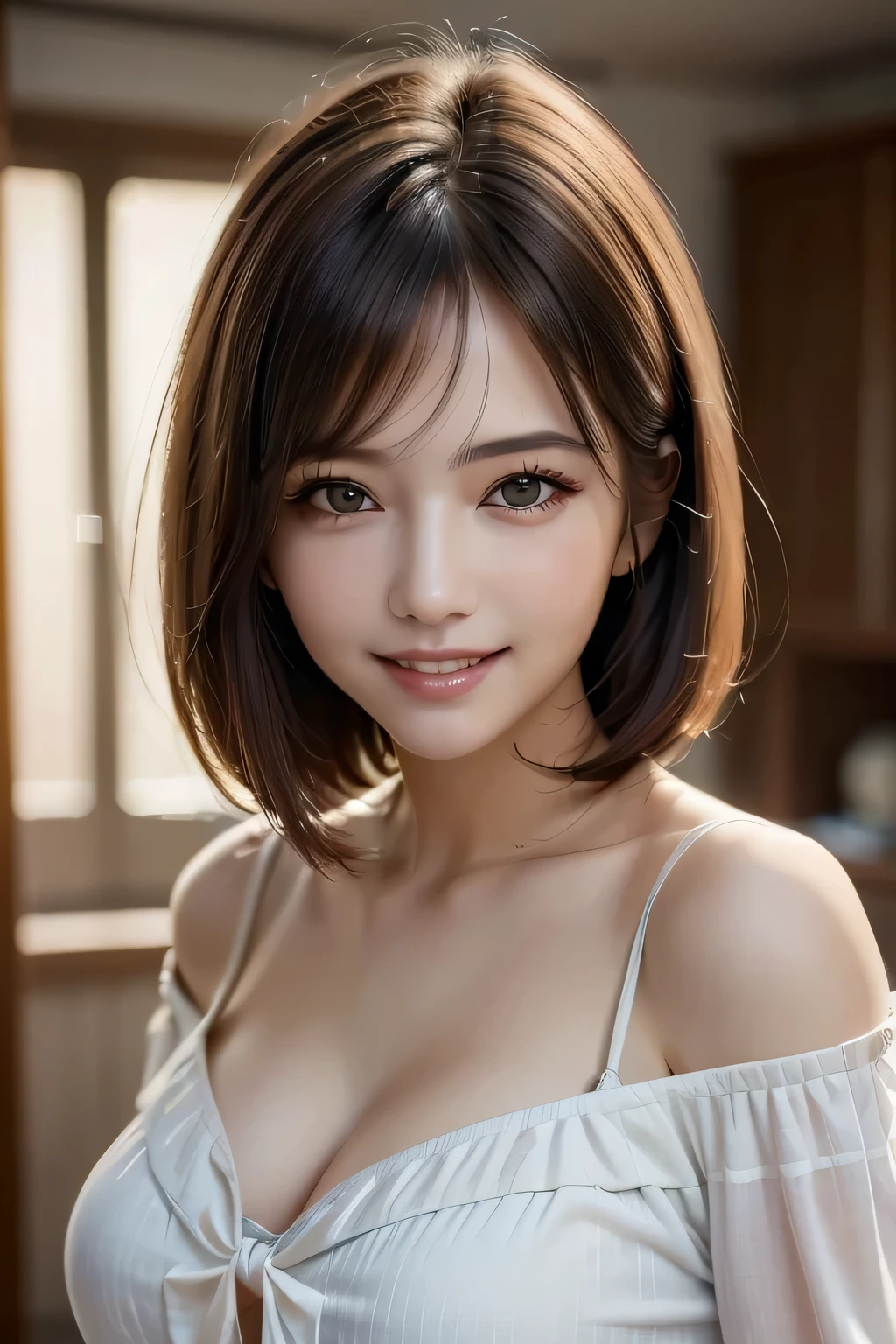 ((Realistic Light, Highest quality, 8k, masterpiece: 1.3)), 1 girl, A beautiful and fruitful year, Brunette Bob, (Big Breasts), Random color off-shoulder cut top: 1.3, Highly detailed face, Beautiful Eyes, double eyelid, smile, Cleavage, Saggy breasts, (My Room), morning