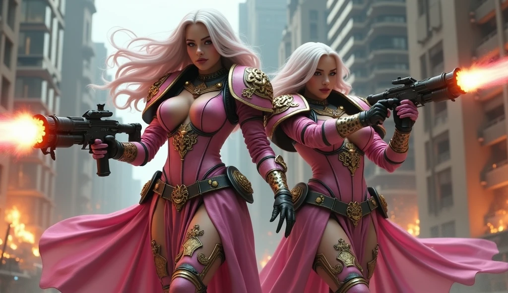 Full body pose wide angle ultra realistic photo of two sexy sisters of battle with gigantic exposed breast from the warhammer 40k, (((shooting at the enemy))), (((Gigantic exposed breast:2.0))), (((Fake breast))), (((Exposed breast))), pink space marine armor with intricate details and religious glowing symbols, big plate space marine shoulders, sisters of battle, warhammer 40k, pale skin, long pink and white flowing hair, heavy makeup, beautiful detailed eyes, beautiful detailed lips, extremely detailed eyes and face, long eyelashes, intricate detailed futuristic big laser weapons, dramatic lighting, cinematic composition, muted color palette, gritty and realistic, mecha, science fiction, hyper-detailed, photorealistic, award winning digital art, 8k, HDR, dynamic action pose, explosions and fire, stunning, cyberpunk city with burning skyscrapers, Stilleto heels, high heels, shooting at the enemy, bimbo, (((gigantic exposed breast))), jetpacks, (((wide angle)))
