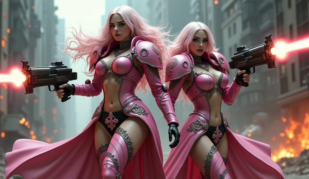 Full body pose wide angle ultra realistic photo of two sexy sisters of battle with gigantic exposed breast from the warhammer 40k, (((shooting at the enemy))), (((Gigantic exposed breast:2.0))), (((Fake breast))), (((Exposed breast))), pink space marine armor with intricate details and religious glowing symbols, big plate space marine shoulders, sisters of battle, warhammer 40k, pale skin, long pink and white flowing hair, heavy makeup, beautiful detailed eyes, beautiful detailed lips, extremely detailed eyes and face, long eyelashes, intricate detailed futuristic big laser weapons, dramatic lighting, cinematic composition, muted color palette, gritty and realistic, mecha, science fiction, hyper-detailed, photorealistic, award winning digital art, 8k, HDR, dynamic action pose, explosions and fire, stunning, cyberpunk city with burning skyscrapers, Stilleto heels, high heels, shooting at the enemy, bimbo, (((gigantic exposed breast))), jetpacks, (((wide angle)))