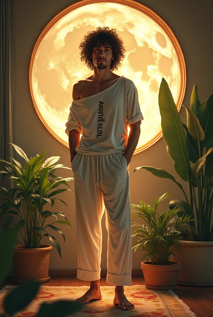 (photorealism:1.2), beautiful man and his name is Aariiful written in his body, standing on moon, wearing loose off-shoulder top, pajama pants, long curly hair, indoors, soft lighting, plants in background, window with sunlight, cozy room, relaxed pose, realistic, intricate details, warm colors, by Greg Rutkowski, by Alphonse Mucha