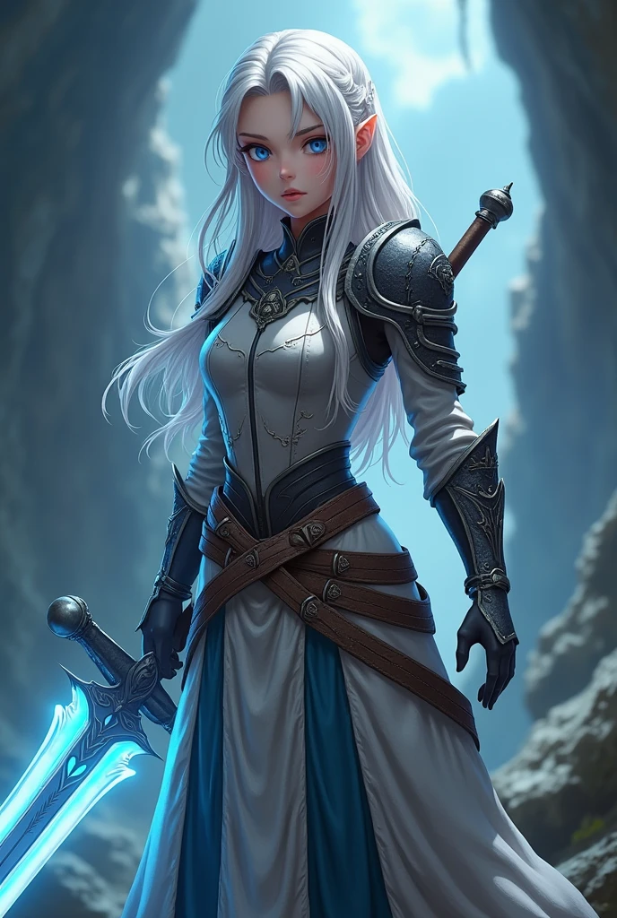 4K anime style quality, digital drawing mode, Medieval fantasy style female animated character, Long silver hair, determined blue eyes, Wearing worn dragon-marked armor, Holding a giant sword, The sword glows blue,Blur the background to create a three-dimensional effect, atmosphere, Standing in the dragon&#39;s lair, ready for battle, radiant skin, strong and brave expression, whole body, dynamic poses, entity size, perfect anatomy, Delicate skin texture, Full HD, 4K, high dynamic range, perfect anatomy,