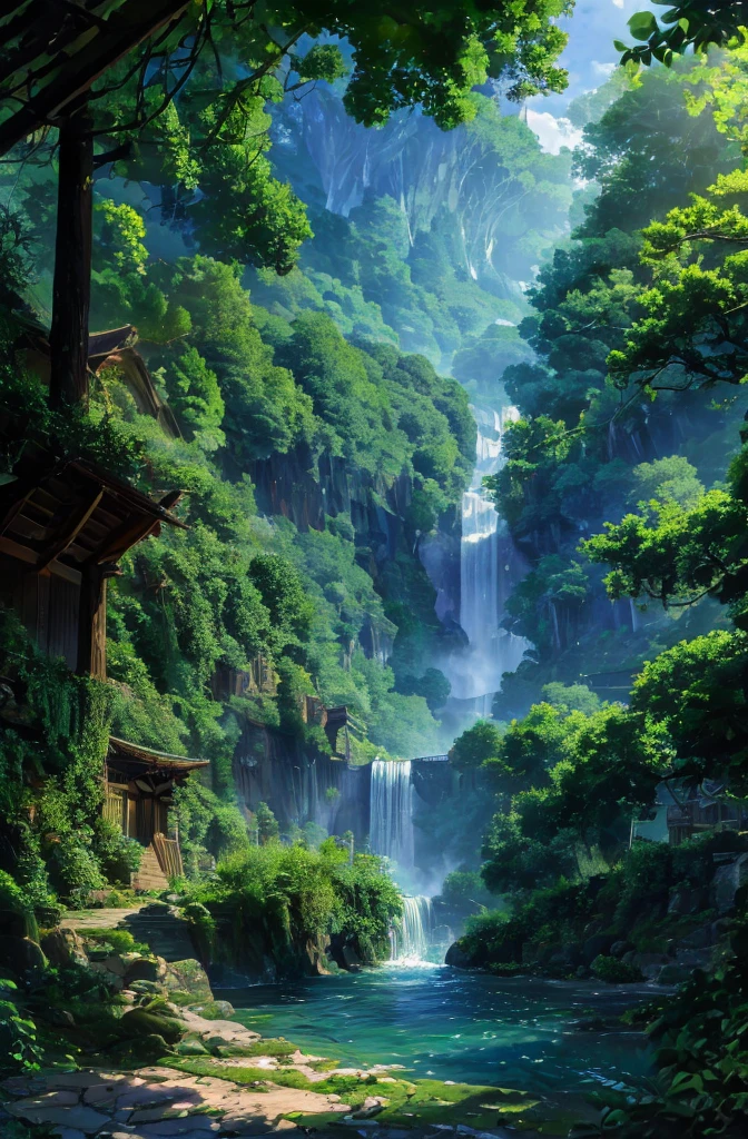 A hidden village nestled within a lush forest, with houses built into the trees and connected by rope bridges. A massive, glowing waterfall cascades down a cliff nearby, its waters sparkling with magical energy.