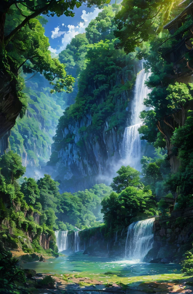 A hidden village nestled within a lush forest, with houses built into the trees and connected by rope bridges. A massive, glowing waterfall cascades down a cliff nearby, its waters sparkling with magical energy.