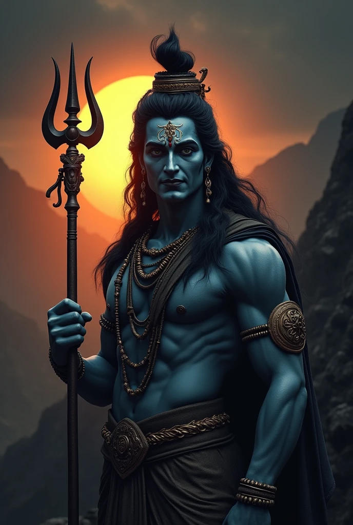 HD image of Mahadev in black background and sun rice decent smile and their trishul in hand and not thin
Little bit closer and smileling