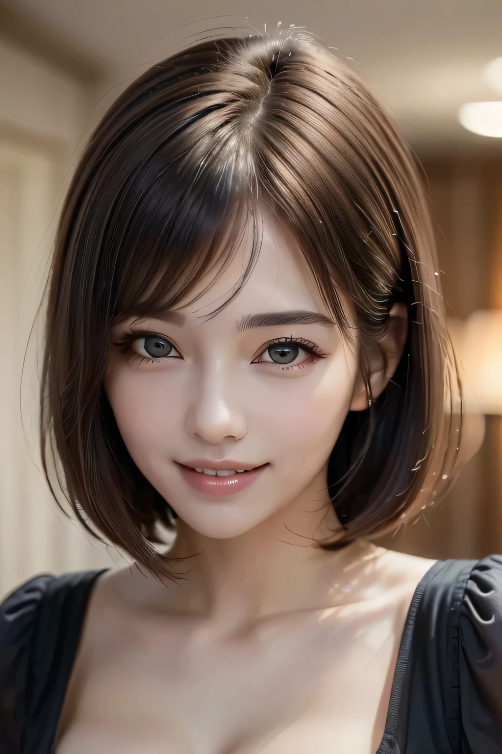 ((Realistic Light, Highest quality, 8k, masterpiece: 1.3)), 1 girl, A beautiful and fruitful year, Brunette Bob, (Big Breasts), Random color off-shoulder cut top: 1.3, Highly detailed face, Beautiful Eyes, double eyelid, smile, Cleavage, Saggy breasts, (My Room), morning