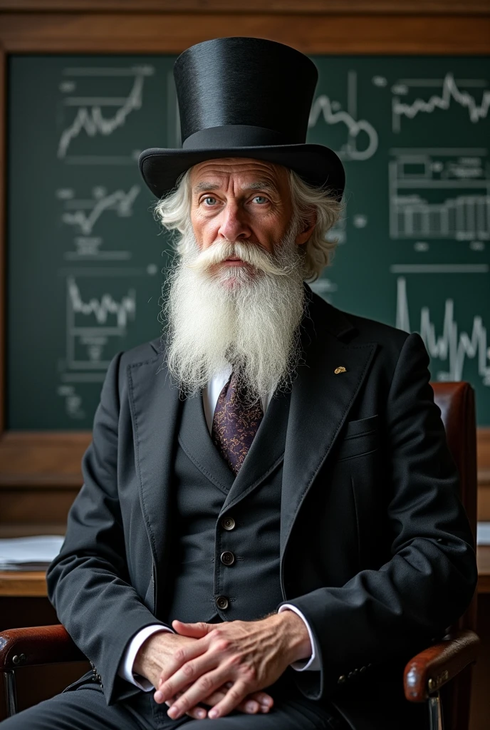 I would like a profile photo for Instagram and YouTube of an alchemist economist character, where the character must have an alchemist hat, with a jacket and tie, and wearing a long white beard in a very nice office with a blackboard behind, with economy charts
