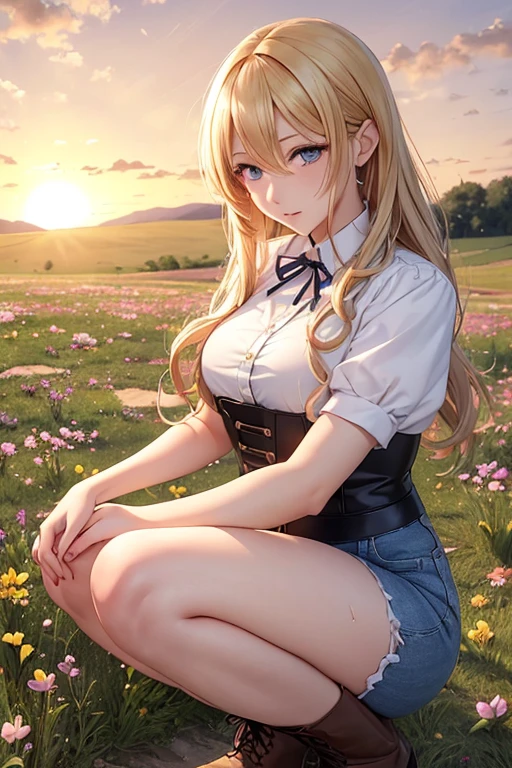 Anime style 2 female character with blond, waist-length, wavy hair, V bangs, and blue eyes, squatting in a spring field at sunset, viewed frontally. She appears tired and is panting, with sweat on her forehead, dressed in a white blouse with a chocolate-colored corset over it, skinny tight blue jeans, and high boots. The background is a vibrant spring landscape with blooming flowers, green grass, and a warm sunset glow, creating a peaceful yet dynamic setting.