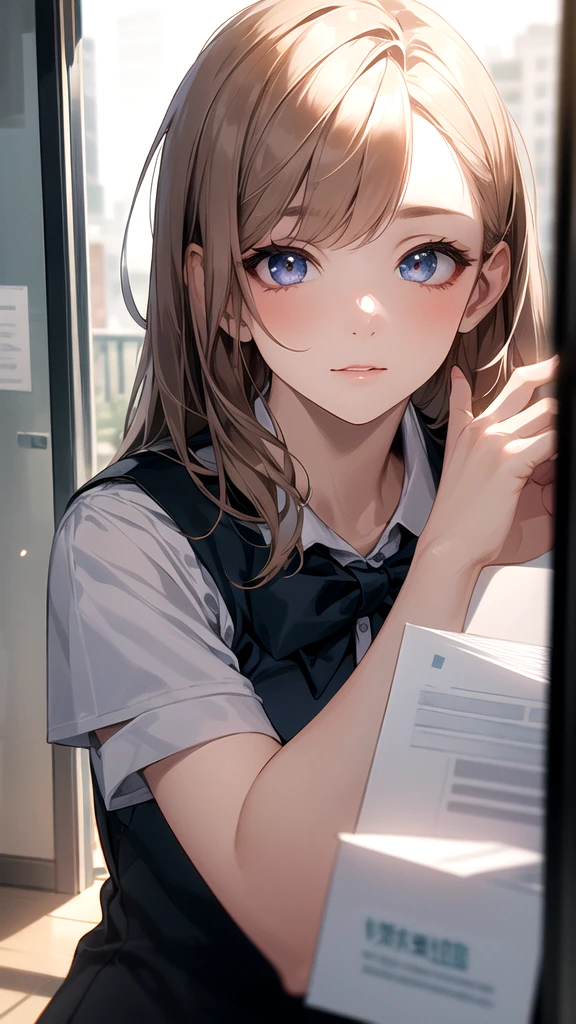 One girl, Beautiful student teacher, Best, bow, Highest quality, employment, Detailed face, office, Building seen from the window, Detailed Background, Diffused sunlight, Depth of written boundary, Bokeh