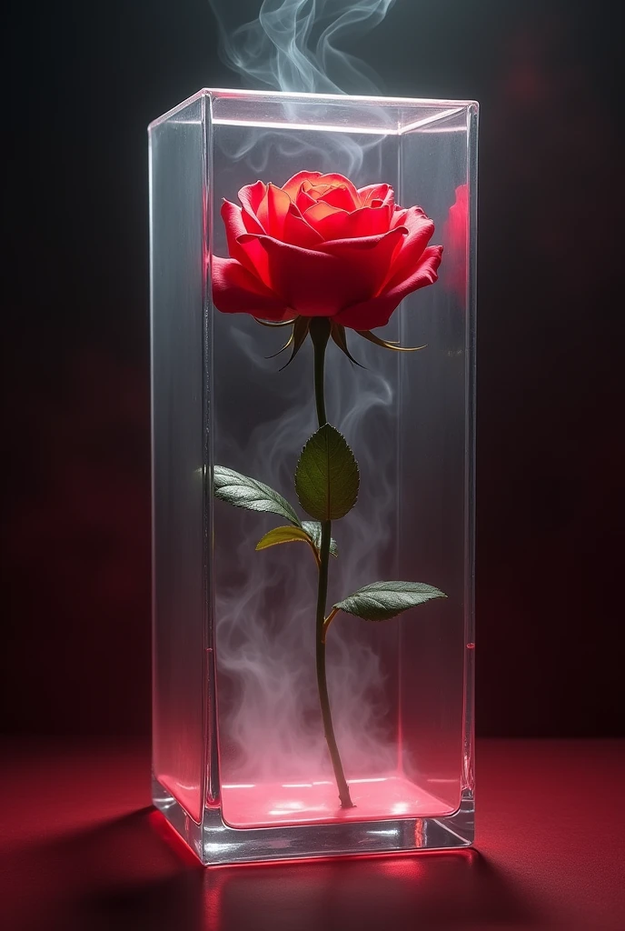 Create a detailed and atmospheric image of a single red rose inside a transparent glass cube filled with swirling white smoke, giving a sense of depth and mystery. The rose should be vibrant and richly colored, with delicate petals and a long stem, standing upright at the center of the cube. The glass cube should enhance the elegance of the rose, with the swirling smoke adding a soft, ethereal ambiance. The background should be dark, with subtle gradients of deep reds and blacks, creating a dramatic contrast with the bright red of the rose. Incorporate subtle light effects, like soft, diffused lighting and gentle highlights on the glass, to emphasize the beauty and fragility of the rose within the cube. The overall scene should evoke a sense of timeless elegance and poetic symbolism, with the red rose encapsulated within the mysterious glass cube.