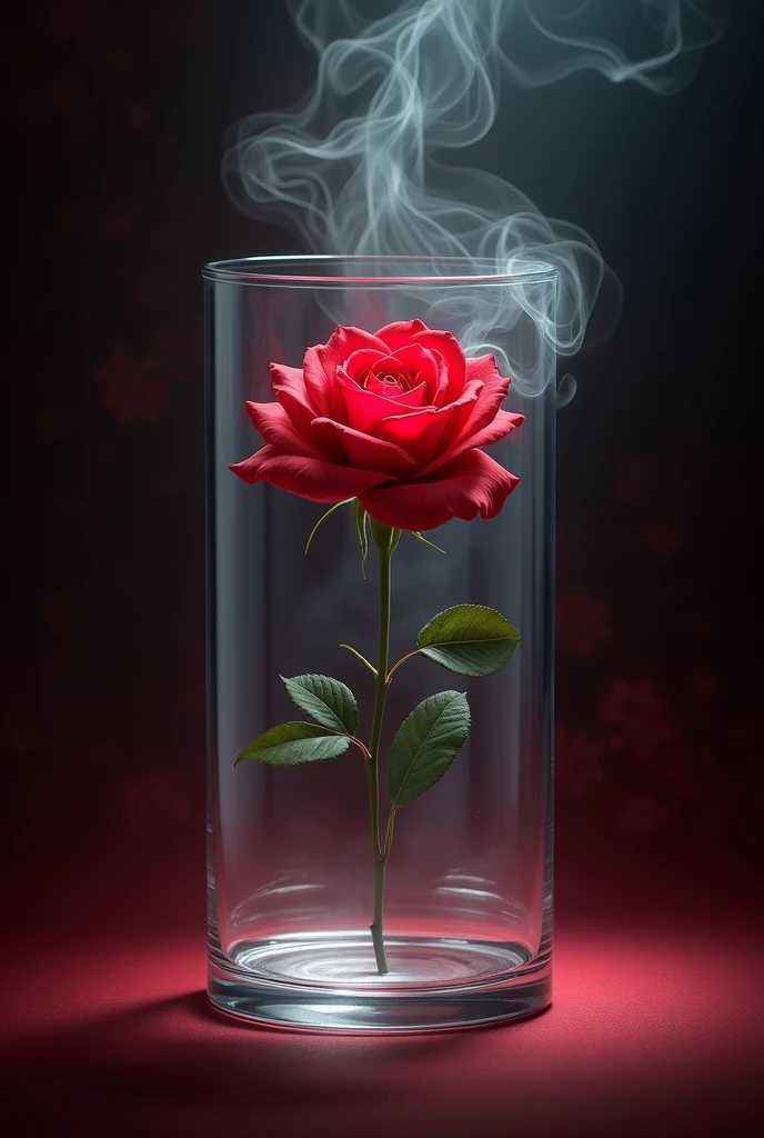 Create a detailed and atmospheric image of a single red rose inside a transparent glass cube filled with swirling white smoke, giving a sense of depth and mystery. The rose should be vibrant and richly colored, with delicate petals and a long stem, standing upright at the center of the cube. The glass cube should enhance the elegance of the rose, with the swirling smoke adding a soft, ethereal ambiance. The background should be dark, with subtle gradients of deep reds and blacks, creating a dramatic contrast with the bright red of the rose. Incorporate subtle light effects, like soft, diffused lighting and gentle highlights on the glass, to emphasize the beauty and fragility of the rose within the cube. The overall scene should evoke a sense of timeless elegance and poetic symbolism, with the red rose encapsulated within the mysterious glass cube.