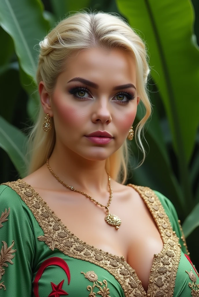 Masterpiece illustration, very detailed face, an immortal sexy elf with timeless beauty, long elegant slim face, defined cheekbones, stunning and beautiful smile, detailed eyeliner and eyeshadow, elegant light hair, enchanting and elegant, detailed full cleavage, ((nude breasts)), very sexy slim figure, elegantly sexy, silk cape, vibrant green silk clothes, in a magical palace, ambient light, rim light,