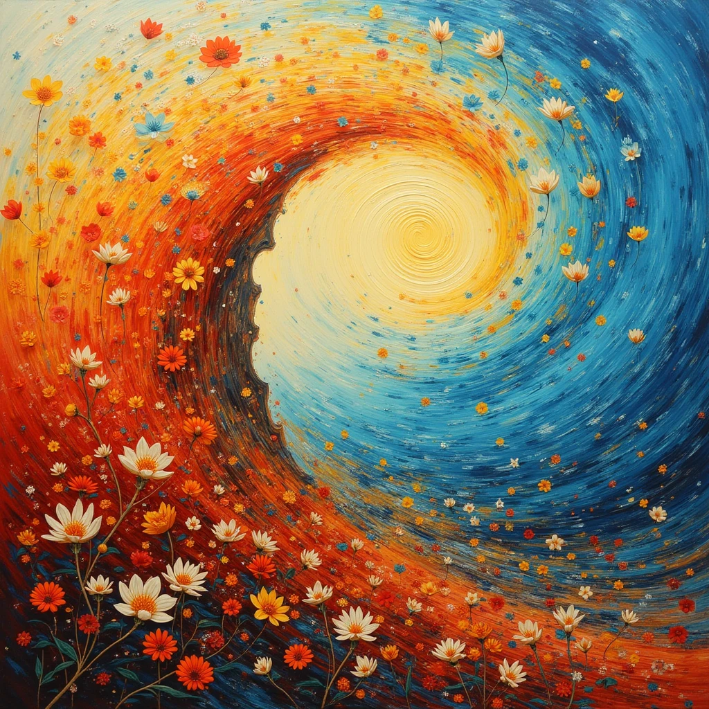 Painting of a sun and flowers in a field with a blue sky - SeaArt AI