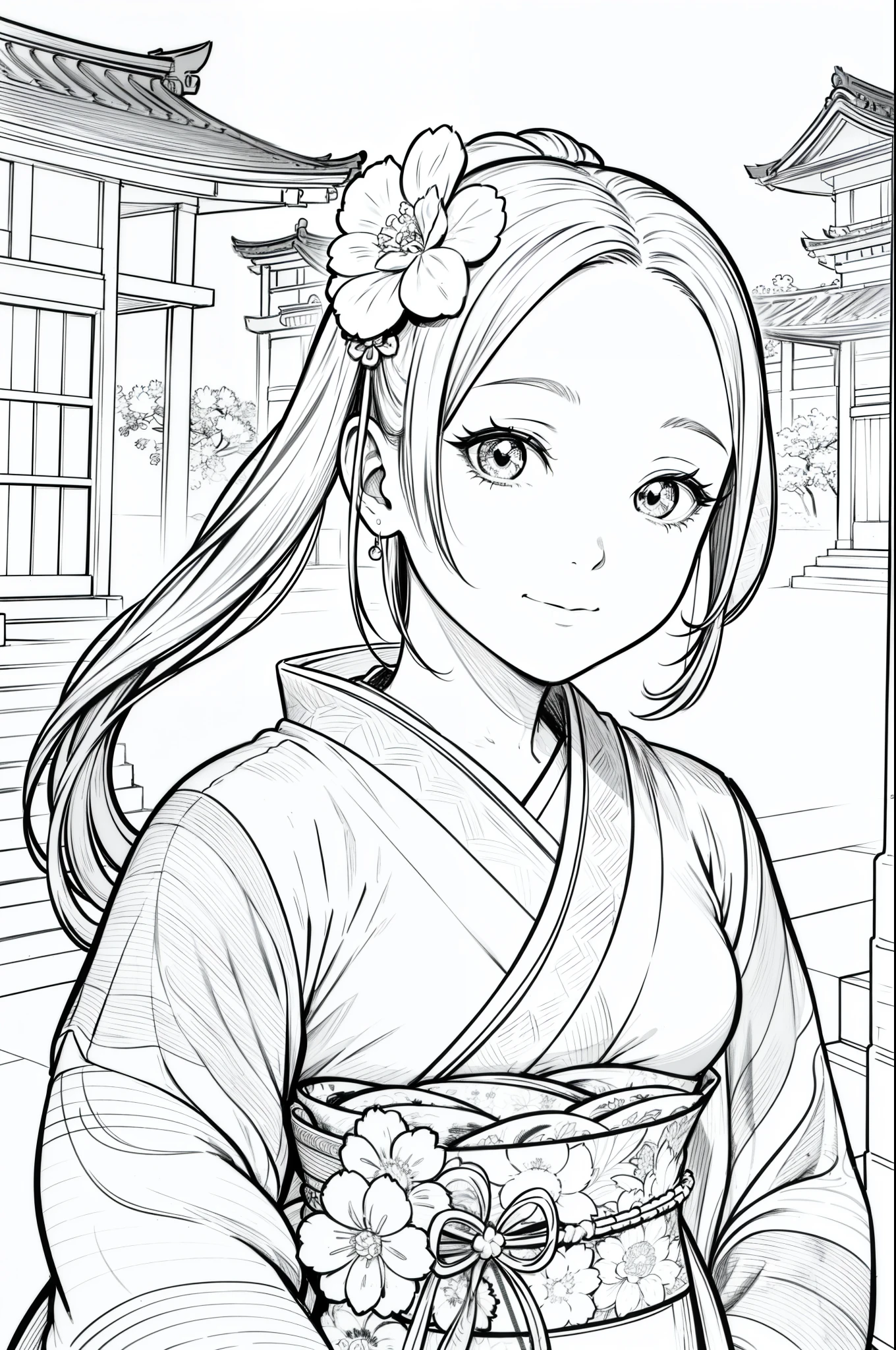 Masterpiece, top class, unique, cute, flower, line drawing background, white background, monochrome, line drawing, ((sketch)), creepy, white eyes, create a monochrome coloring book that even adults can easily do, a realistic and cute ukiyo-e of a girl wearing a kimono and smiling in front of a temple dedicated to the Tallest Buddha, taking a selfie with a rectangular smartphone in one hand, conveying Japanese culture.