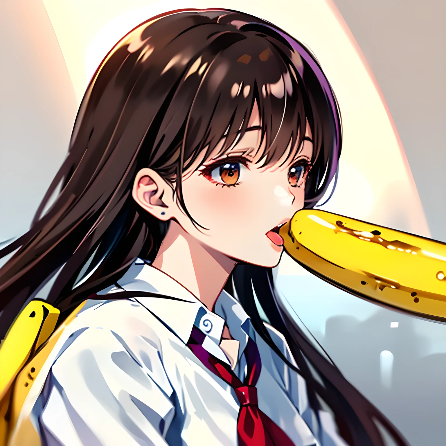 （highest quality, masterpiece, high resolution, high detail), Solo girl, Solo pealed banana, A female wearing school uniform is kissing at the top of a long banana with her tongue with her face down, Glossy atmosphere, Glossy look, Female (Brown hair semi-long, closing eye, Sweet sigh), Beautiful straight long hair, (Female kisses deeply the banana with tongue, covers it, holds it and looks at it), The lips touches the banana, (Shot from the side), (Nothing background except black)