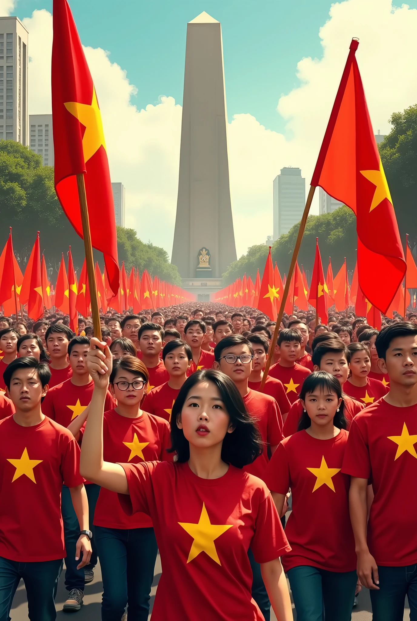 A group of Vietnamese people wearing red shirts with yellow stars and holding national flags are marching on the square to President Ho Chi Minh&#39;s mausoleum.