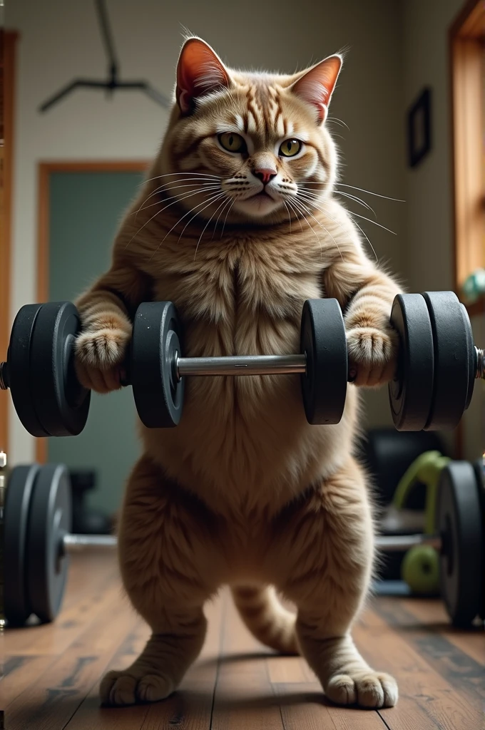 A muscular cat lifting small dumbbells in a home gym setting."