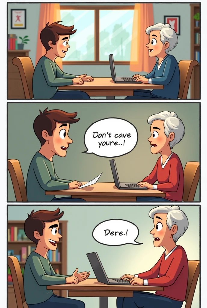 ENGLISH SUBTITLE COMICS STRIP ABOUT : *The Online Security Debate*
*Panel 1:*
- *Setting:* A cozy living room with a TV in the background.
- *Characters:* A young adult (Digital Native) and an older adult (Digital Immigrant).
- *Dialogue:*
- Digital Immigrant: "I got an email saying I won a prize! Should I click the link?"
- Digital Native: "No! It’s a phishing scam! You could get hacked."
*Panel 2:*
- *Setting:* The young adult is sitting at a computer desk, frustrated.
- *Characters:* Same as the first panel.
- *Dialogue:*
- Digital Immigrant: "But how can you tell? It looks so real!"
- Digital Native: "The URL is suspicious, and they’re asking for personal information. Always check before you click anything."
*Panel 3:*
- *Setting:* The older adult now looking bewildered, holding a smartphone.
- *Characters:* Same as before.
- *Dialogue:*
- Digital Immigrant: "This is too complicated! Back in my day, we just trusted what was in our mail."
- Digital Native: "Times have changed. Online safety is a must now!"
