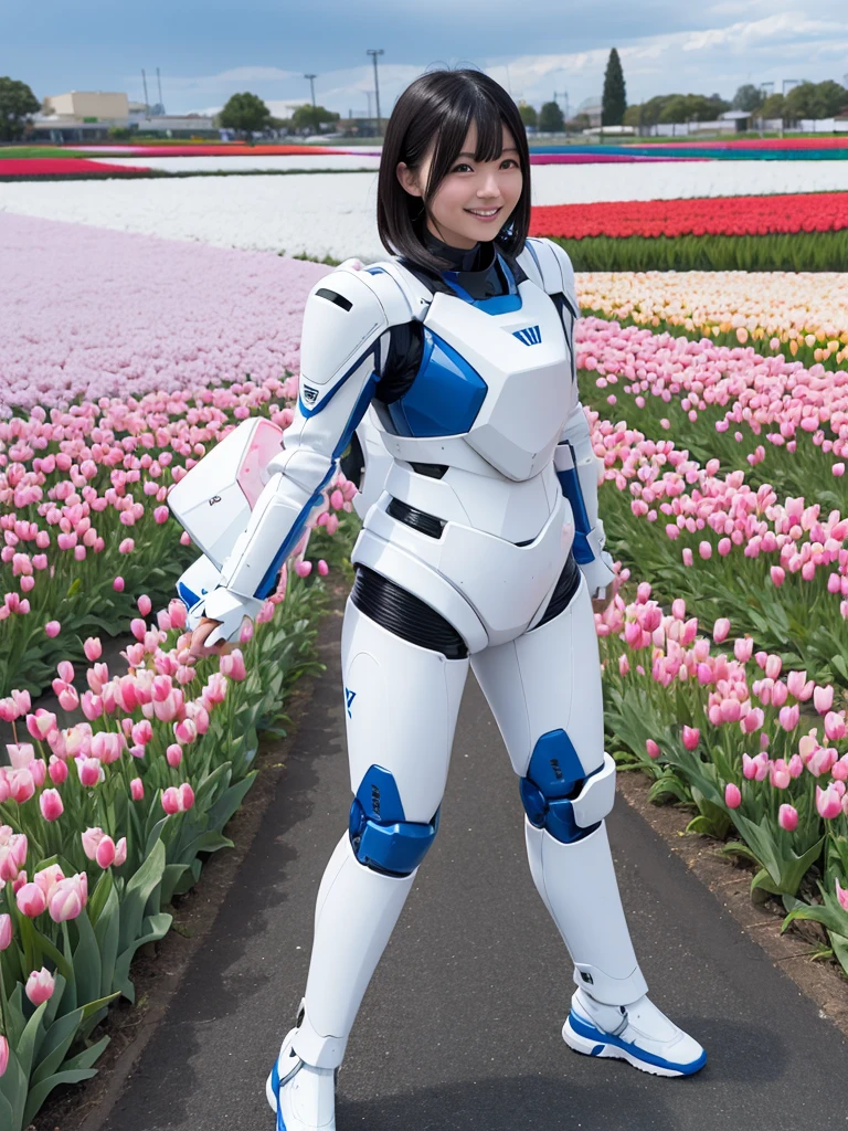 Japanese female android,Black Hair,White and blue robot suit,Plump,Walking through a tulip field,smile,
