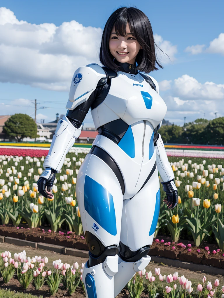 Japanese female android,Black Hair,White and blue robot suit,Plump,Walking through a tulip field,smile,