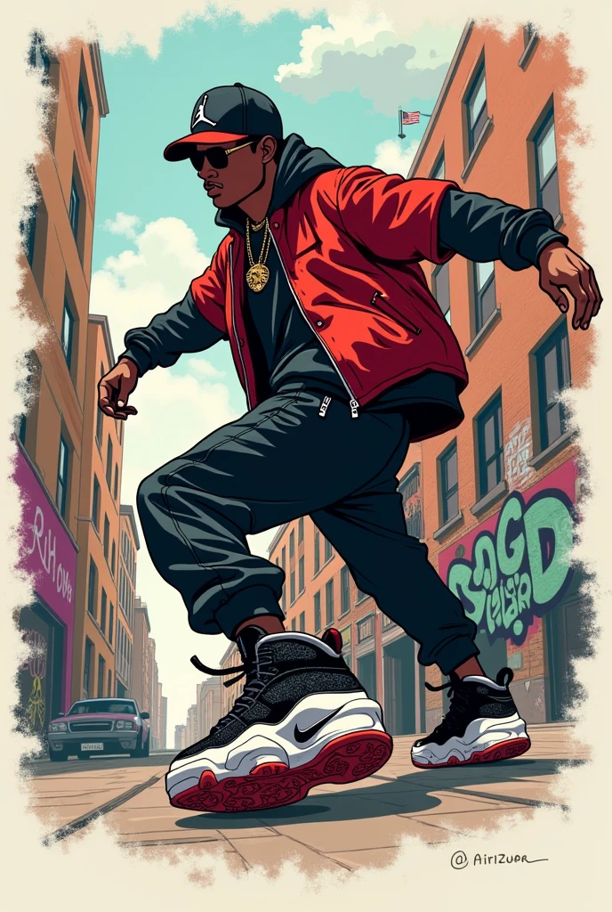 créer Hip Hop Air Jordan Jumpman Logo, le personnage du logo de style dessin doit porter une casquette et est habillé en hip hop avec des chaussures nike air uptempo noir et blanc