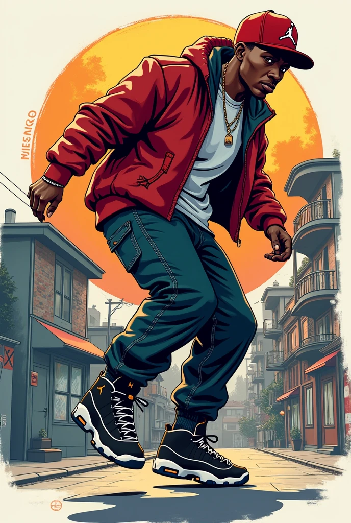 créer Hip Hop Air Jordan Jumpman Logo, le personnage du logo de style dessin doit porter une casquette et est habillé en hip hop avec des chaussures nike air uptempo noir et blanc