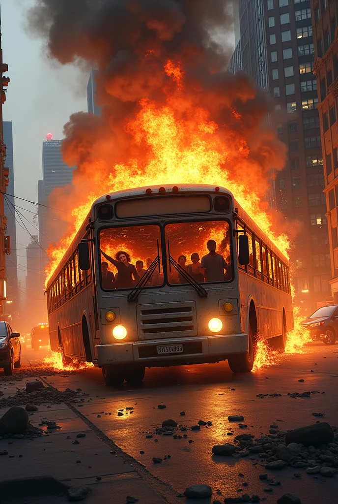 journalistic photography. Two modern buses crashed, on the streets of Montreal, people around sunny day, morning, sunrise ,hot climate . Photography, Nikon p900 shot.