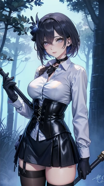 Masterpiece, Beautiful art, professional artist, 8k, Very detailed face, Detailed clothing, detailed fabric, 1 girl, Soul Fullness \(Honkai Impact 3rd\), front view, standing, BIG BREASTS, perfectly drawn body, shy expression, pale skin, beautiful face, short dark blue hair, 4k eyes, very detailed eyes, pink cheeks, choker:1.6, (white long sleeve button down shirt with white collar), black gloves, gloves that cover hands, (holds an ax with his right hand), (black leather corset), (shiny black tight mini skirt), Sensual Lips , winter night, show details in the eyes, looking at the viewer, dark forest, Atmosphere, fog, At night