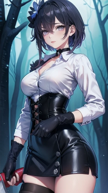 Masterpiece, Beautiful art, professional artist, 8k, Very detailed face, Detailed clothing, detailed fabric, 1 girl, Soul Fullness \(Honkai Impact 3rd\), front view, standing, BIG BREASTS, perfectly drawn body, shy expression, pale skin, beautiful face, short dark blue hair, 4k eyes, very detailed eyes, pink cheeks, choker:1.6, (white long sleeve button down shirt with white collar), black gloves, gloves that cover hands, (holds an ax with his right hand), (black leather corset), (shiny black tight mini skirt), Sensual Lips , winter night, show details in the eyes, looking at the viewer, dark forest, Atmosphere, fog, At night