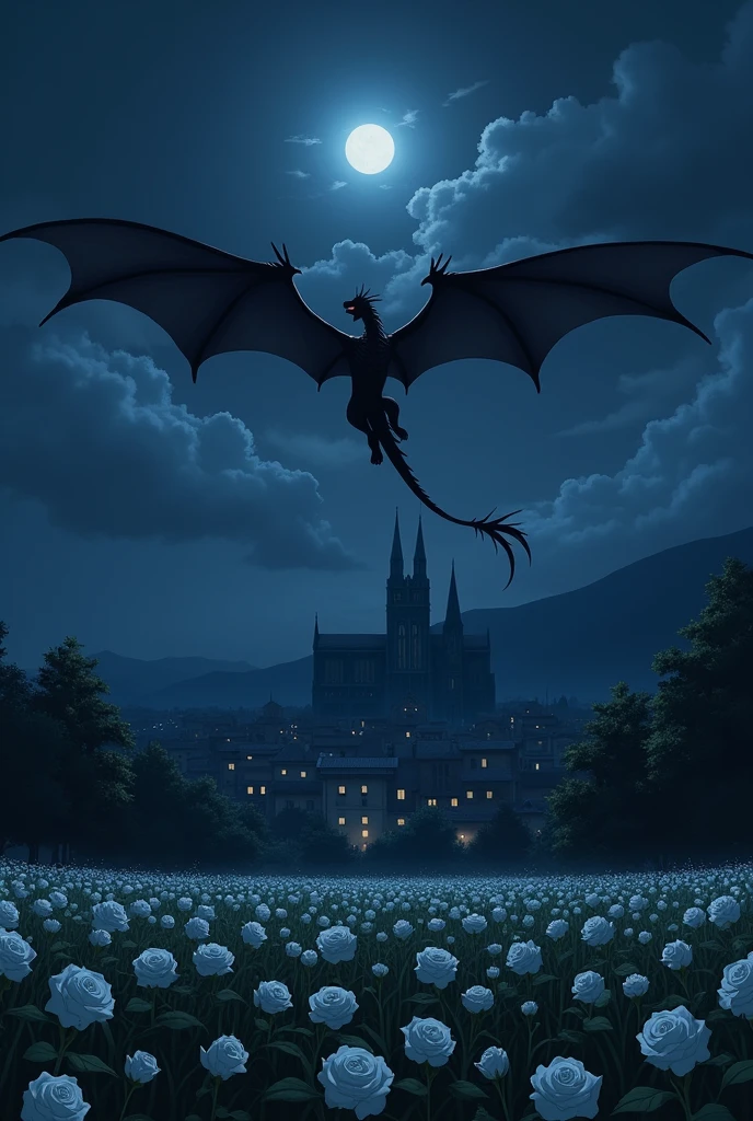 The image is anime style cowboy bebop and Darker than black with shadows and dim lights, anime style although somewhat adult and dark, It shows a single dragon passing through the skies of a rural town that has white rose crops on the ground.. In the background you can see a cathedral