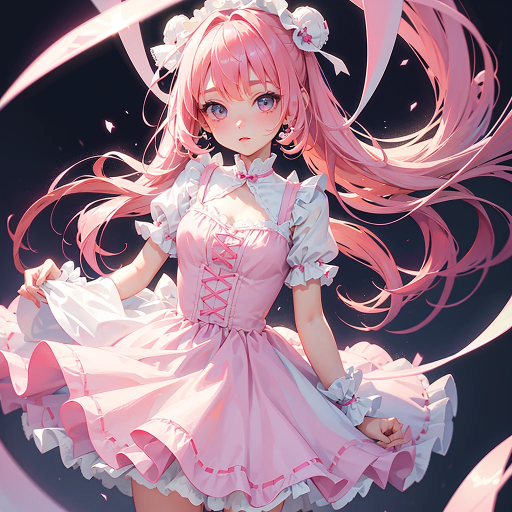 Super delicate cute girl in a ta dress with pink hair. 8K Ultra High Definition, Delicate texture, Pure white background.