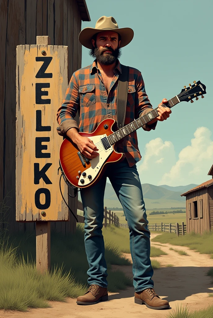 An illustration of a bearded country man with a big rocker holding a guitar. A sign next to you with the letters ZELELEKO