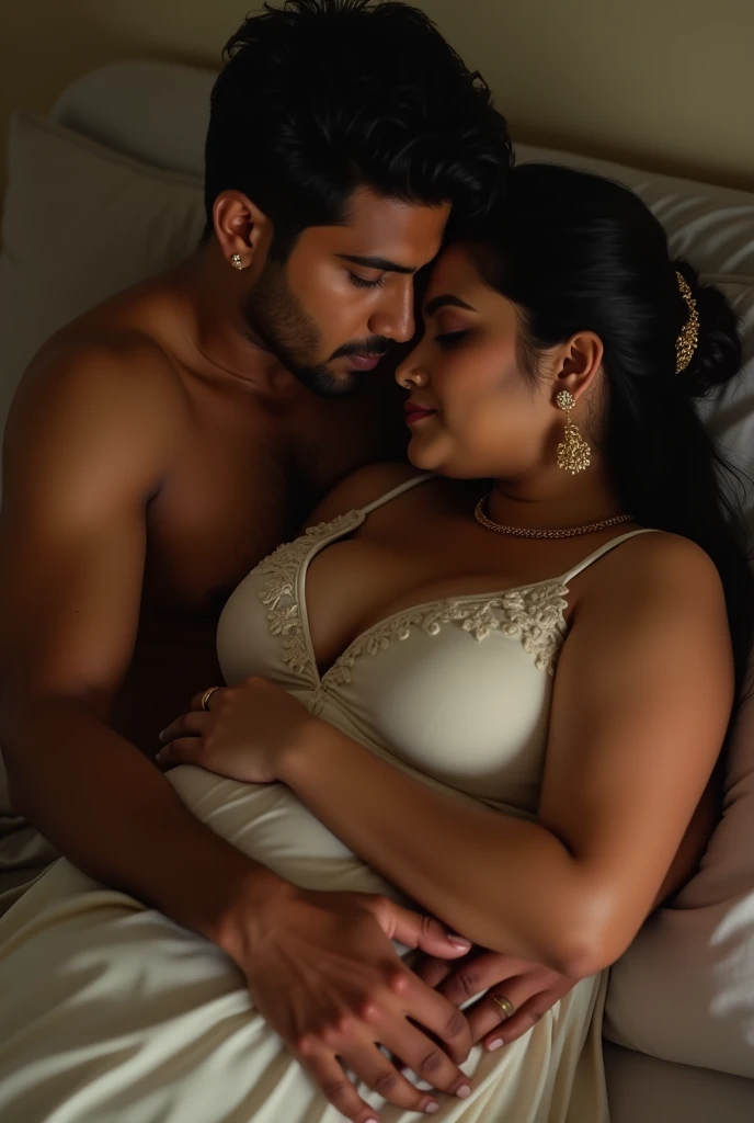 Indian bengali woman voluptuous busty 46 fair with a 18 year man in bed , he holds her from behind 