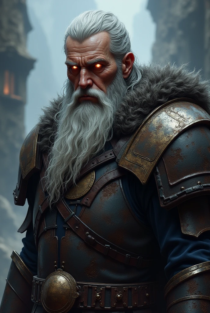 Dark warrior in dark armour with a long white beard, heroic fantasy character, painted portrait of rugged odin, fantasy digital art style