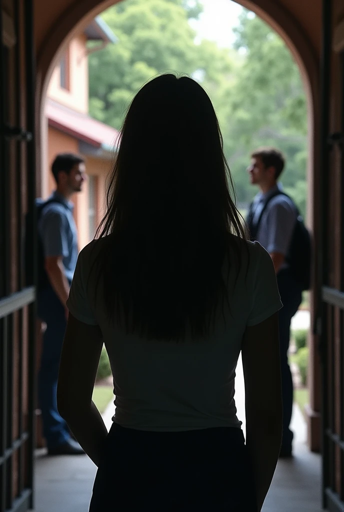 A woman from behind watching the two men at school