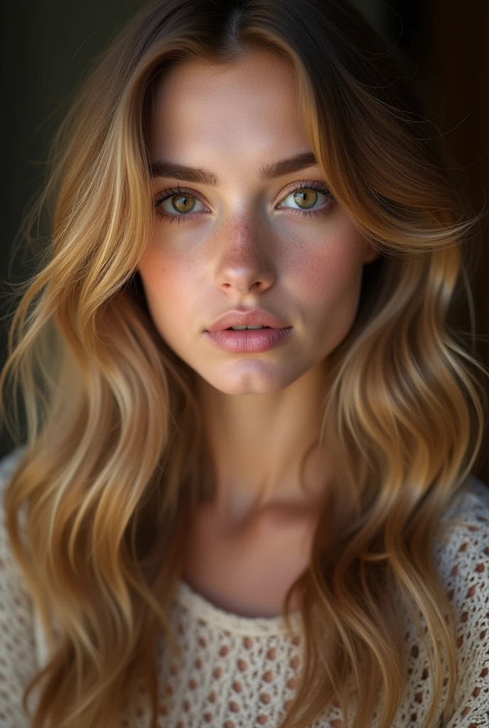  Belle fille européenne aux yeux marrons et aux bruns et reflets blonds, ultra Haute résolution, (photoréaliste: 1.4), Haute résolution , (finely détaillé skin), (yeux marrons), (Des proportions parfaites) (Photos réalistes) (chef-d&#39;œuvre) (photoréaliste), ultraréaliste (meilleure qualité) (détaillé) Photographié avec un Canon EOS R5, objectif 50 mm, F/2.8, (8k) (fond d&#39;écran) (Éclairage cinématographique) (éclairage dramatique) (complexe) mode, fait en sorte que son visage ne soit pas caché par les cheveux