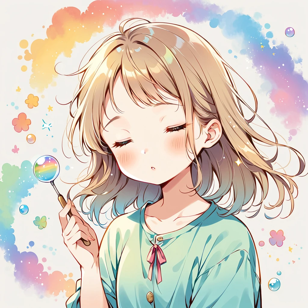 Open your eyes、Sleeping soundly、Making soap bubbles、Painting a rainbow with paint、The fairy is a girl、Blowing bubbles