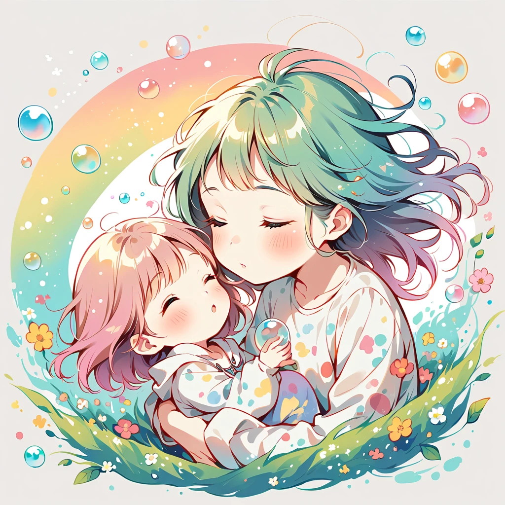 Open your eyes、Sleeping soundly、Making soap bubbles、Painting a rainbow with paint、The fairy is a girl、Blowing bubbles