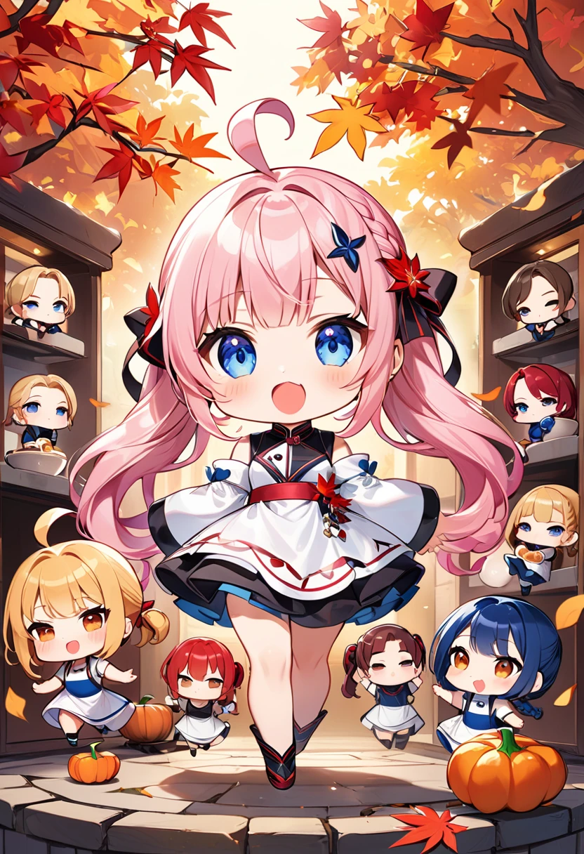 Highest quality、High resolution、Detailed Background、Beautiful face in every detail、Anatomically correct、Detailed facial expressions、fine grain、((full body, from front:1.5)), break ((One Girl:1.5)、((Chibi Girl:1.5)))、Bright pretty hair color、Big beautiful blue eyes、Fuller lips、Pink Lips、Braided twintails、Ahoge、break ((Ceramist:1.5))、(かわいいCeramistの衣装、Cute Shoes、Cute hair accessories)、Place your hands above your head、holding a large vase、break (Open your mouth wide:1.5、Very angry look:1.5)、((The background is a pottery factory、Oven、Many broken pots and vases、Wheel、autumn leaves))
