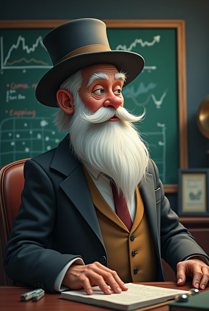 I would like a profile photo for Instagram and YouTube of an alchemist economist character, where the character must have an alchemist hat, with a jacket and tie, and wearing a long white beard in a very nice office with a blackboard behind, with economy charts. The profile must be funny