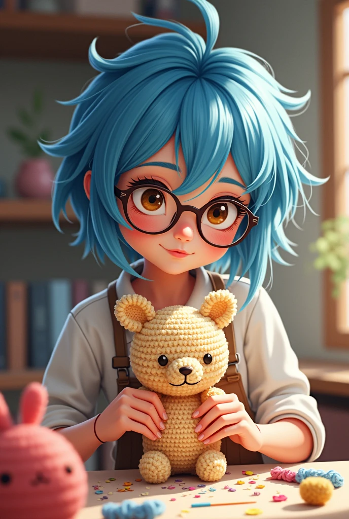 young woman with blue hair and brown eyes wearing glasses making amigurumi cartoon drawing