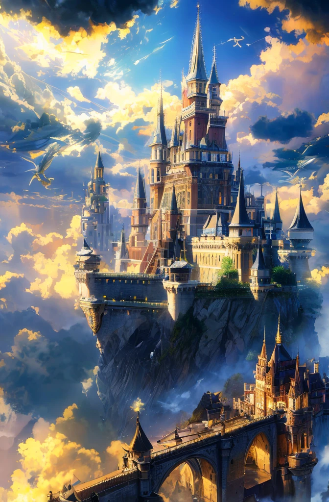 A majestic floating castle surrounded by swirling clouds, with bridges made of light connecting it to smaller floating islands. The castle towers are adorned with banners fluttering in the wind, and a flock of winged creatures flies around it.