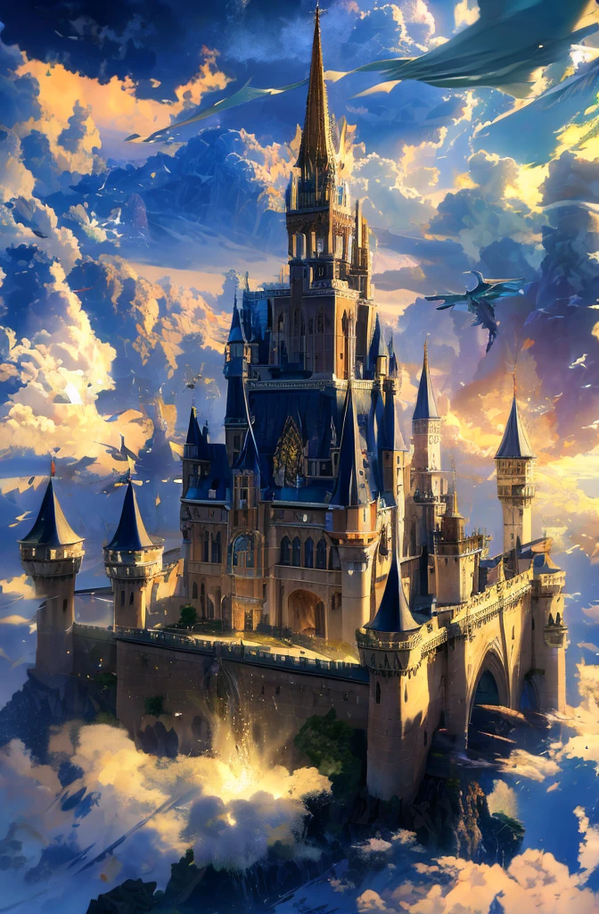 A majestic floating castle surrounded by swirling clouds, with bridges made of light connecting it to smaller floating islands. The castle towers are adorned with banners fluttering in the wind, and a flock of winged creatures flies around it.