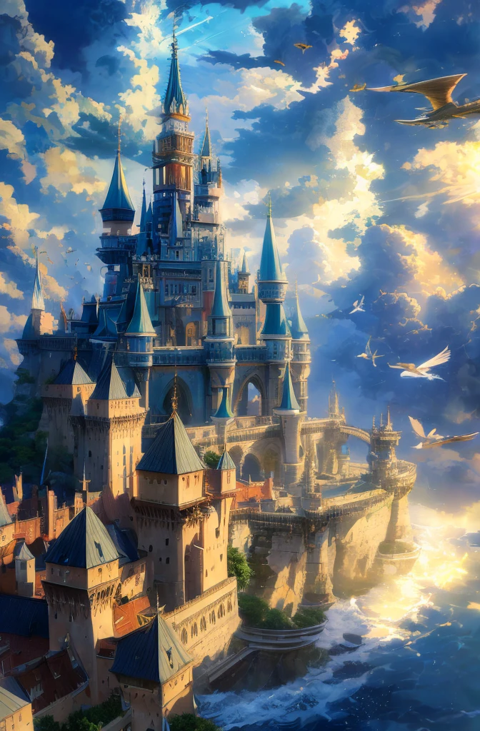 A majestic floating castle surrounded by swirling clouds, with bridges made of light connecting it to smaller floating islands. The castle towers are adorned with banners fluttering in the wind, and a flock of winged creatures flies around it.