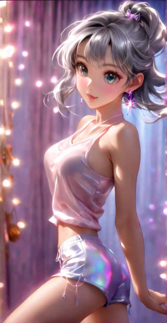 8k,Very delicate and beautiful,whole body Beautiful and realistic skin,Sparkling jewel earrings,Sparkling silver hair,Beautiful Eyes,dance,Shorts,Asian Cute Girl,whole body,Bright and shiny room,